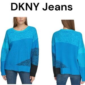 DKNY Jeans Retro Blue Mixed-Knit Drop-Shoulder Sweater XL Colorblock Crewneck